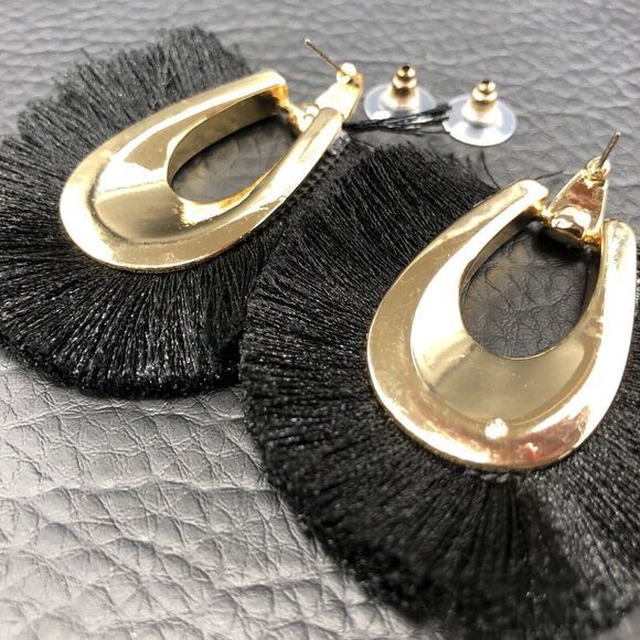 Fringe Earrings Wood Inlay Black Fiber Door knocker Gold Tone Studs - Picture 4 of 7